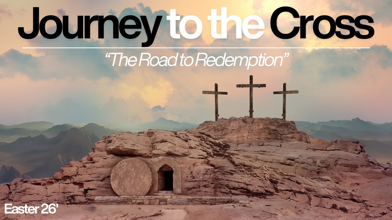 Three crosses on a rocky hill with an open tomb at the base, under a cloudy sky.
