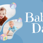 Two babies crawling, with blocks and balls, and text "Baby Day".