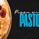 Pizza with the Pastors text overlaying a pizza and black background.