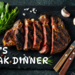 Grilled steak on slate with greens & utensils, Lakeview Christian Church men's steak dinner.