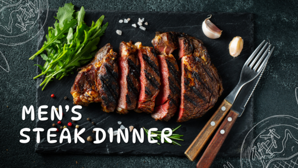 Grilled steak on slate with greens & utensils, Lakeview Christian Church men's steak dinner.