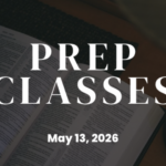 Open Bible on table with 'Prep Classes May 13, 2026' text overlay, Lakeview Christian Church