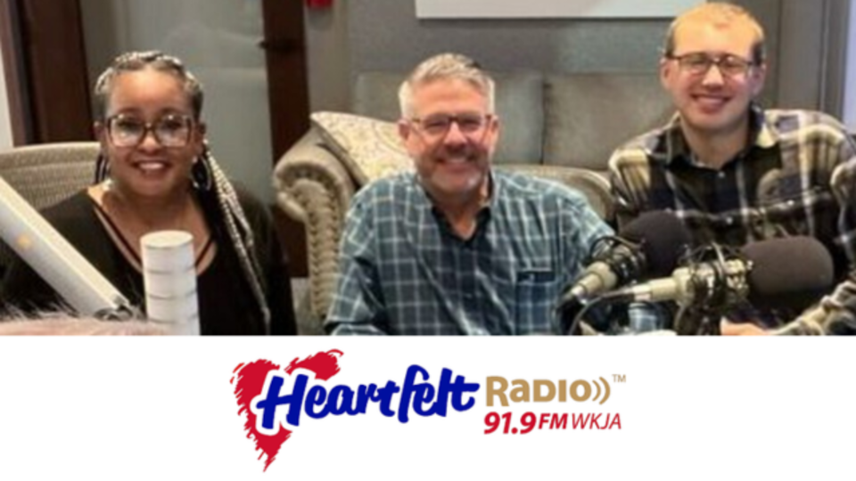 Smiling hosts on Heartfelt Radio 91.9 FM WKJA, Lakeview Christian Church's community-focused station, share warm