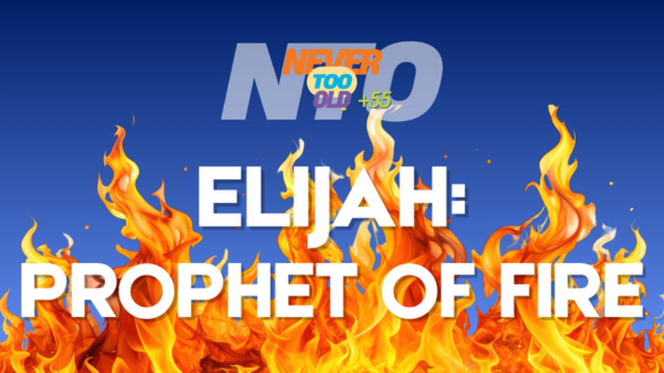 Flames against blue background with 'ELIJAH: PROPHET OF FIRE' text, Lakeview Christian Church Portage Lakes sermon series
