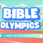 Lakeview Christian Church Portage Lakes Bible Olympics kids' event with cartoon children playing sports on a track