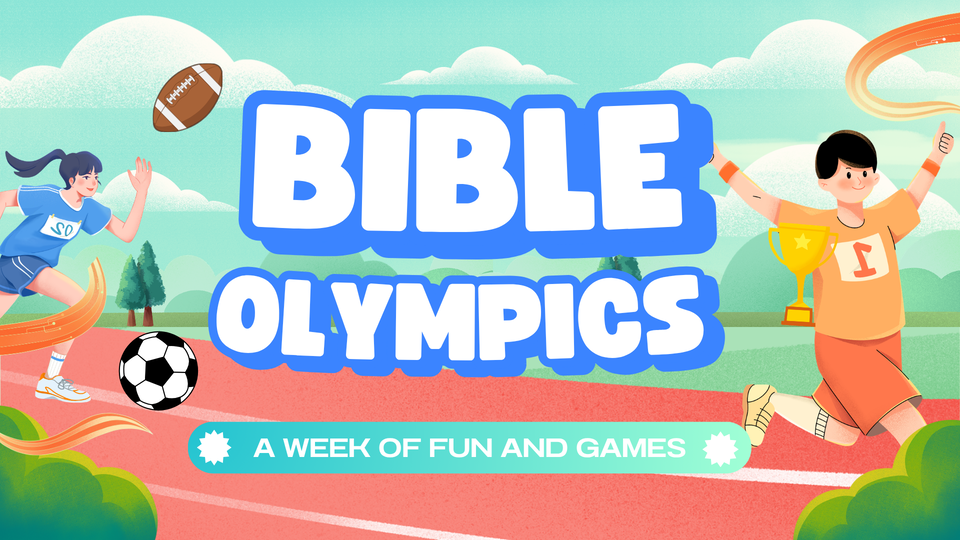 Lakeview Christian Church Portage Lakes Bible Olympics kids' event with cartoon children playing sports on a track
