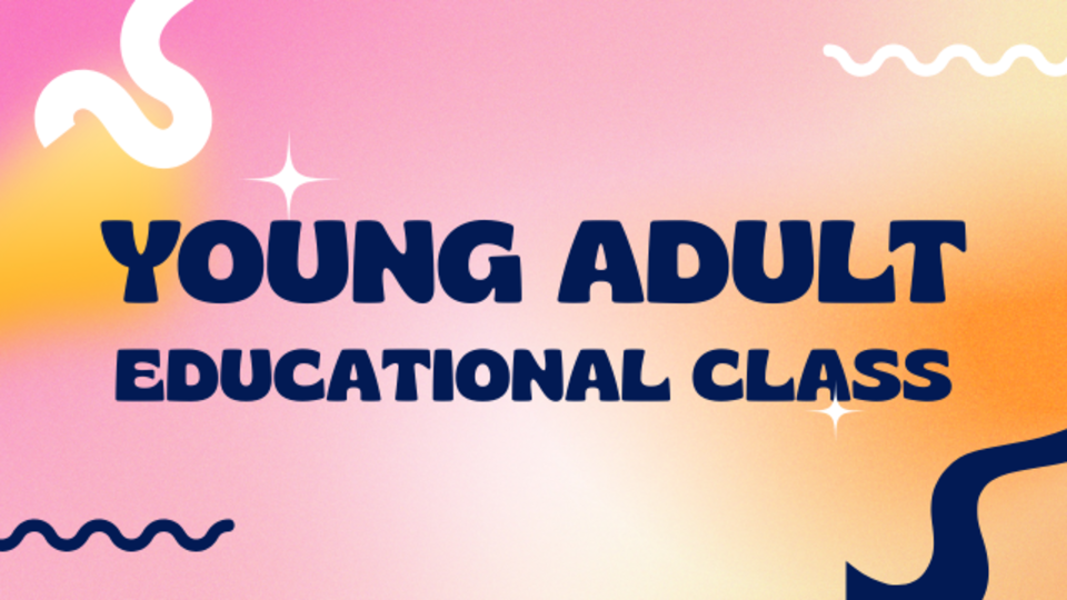 Lakeview Christian Church Portage Lakes young adult educational class announcement with colorful background and squiggly