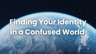 Earth from space with 'Finding Your Identity in a Confused World' text, Lakeview Christian Church Portage Lakes theme