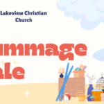 Lakeview Christian Church rummage sale graphic with furniture, umbrella, and household items