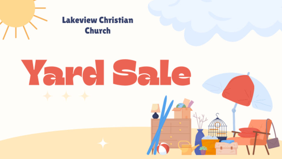 Lakeview Christian Church yard sale graphic with furniture, household items, and umbrella