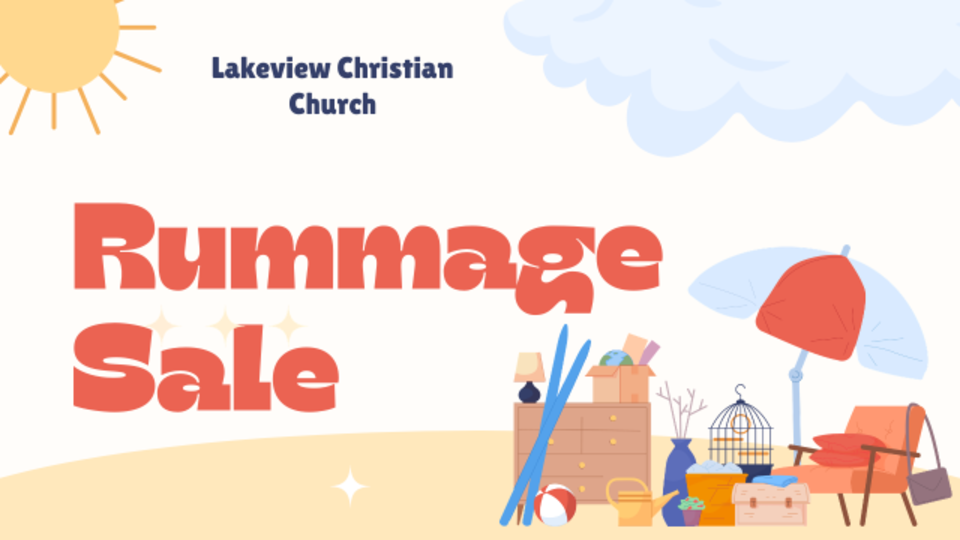 Lakeview Christian Church rummage sale graphic with furniture, umbrella, and household items