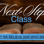 Open Bible on table with 'Next Steps Class: What We Believe and Who We Are' text overlay, Lakeview Christian Church