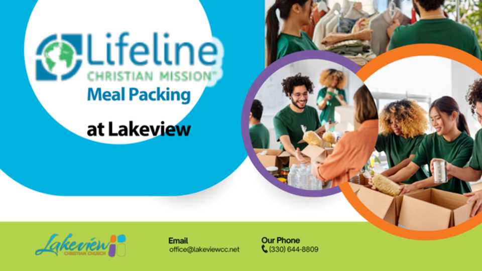 Lakeview Christian Church community members packing meals for Lifeline Christian Mission. Volunteers in green shirts