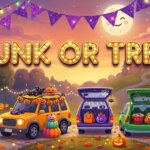 Lakeview Christian Church Trunk or Treat event with kids in costumes, decorated cars, and pumpkins under a full moon